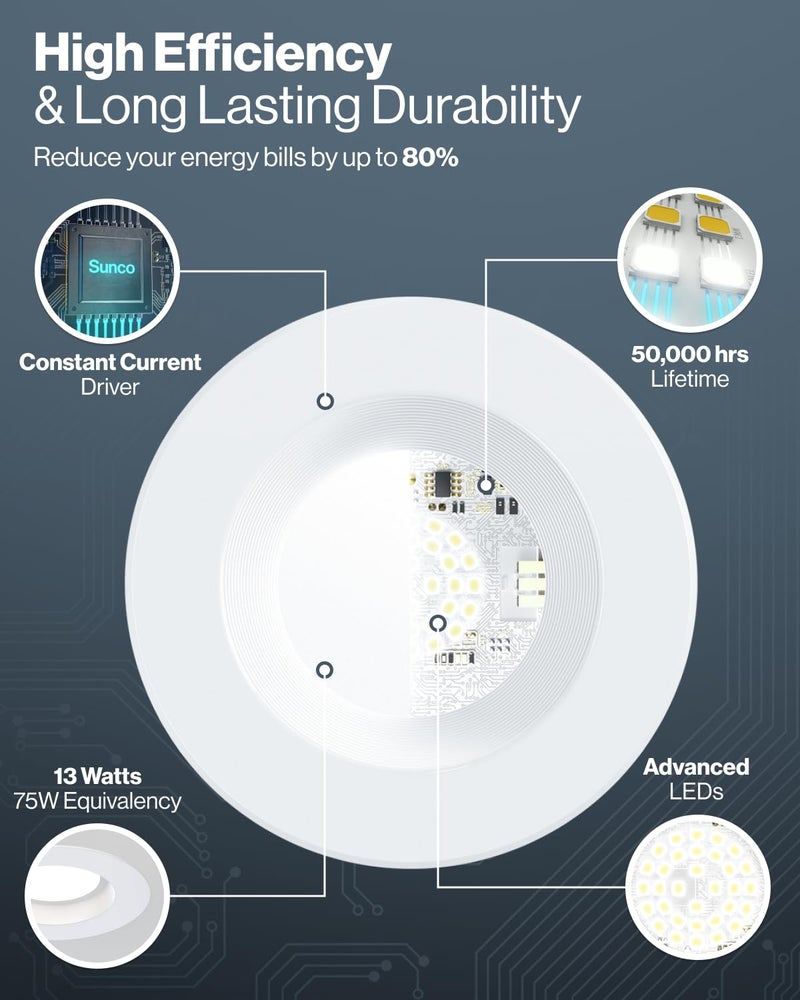 Sunco Lighting Sunco 12 Pack LED Recessed Lighting 6 Inch, Retrofit Can Lights, 965LM, 13W (100W Equivalent), Selectable CCT 2700K/3000K/3500K/4000K/5000K, Dimmable, Baffle Trim, Damp Rated UL - Image 4