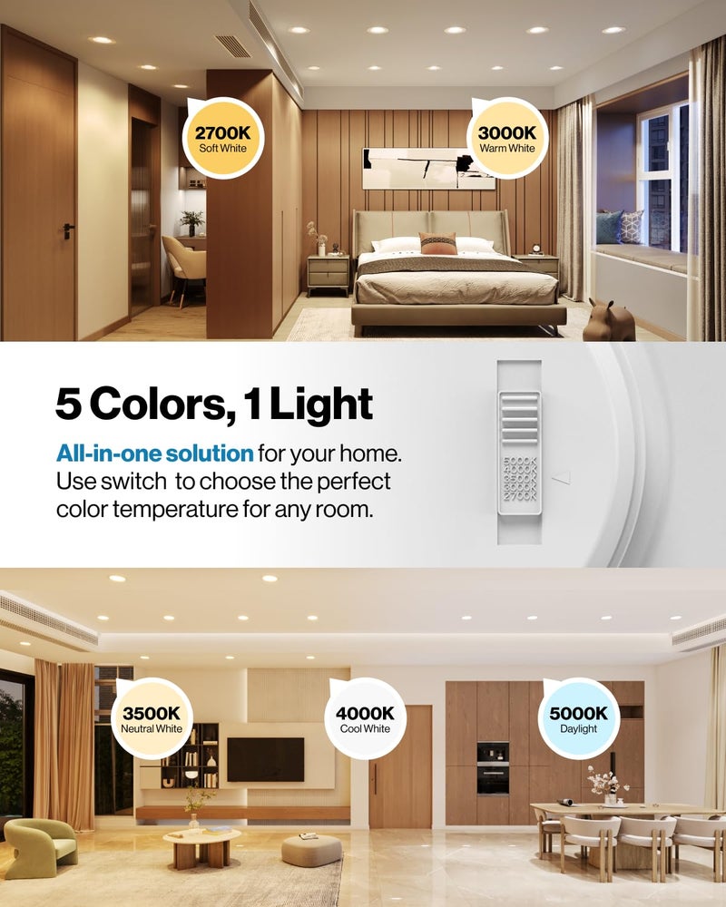 Sunco Lighting Sunco 12 Pack LED Recessed Lighting 6 Inch, Retrofit Can Lights, 965LM, 13W (100W Equivalent), Selectable CCT 2700K/3000K/3500K/4000K/5000K, Dimmable, Baffle Trim, Damp Rated UL - Image 2