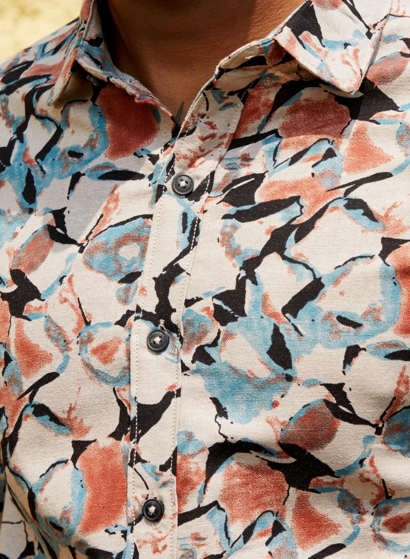 Campus Sutra Men's Beige & Brown Artistic Floral Cluster Shirt
