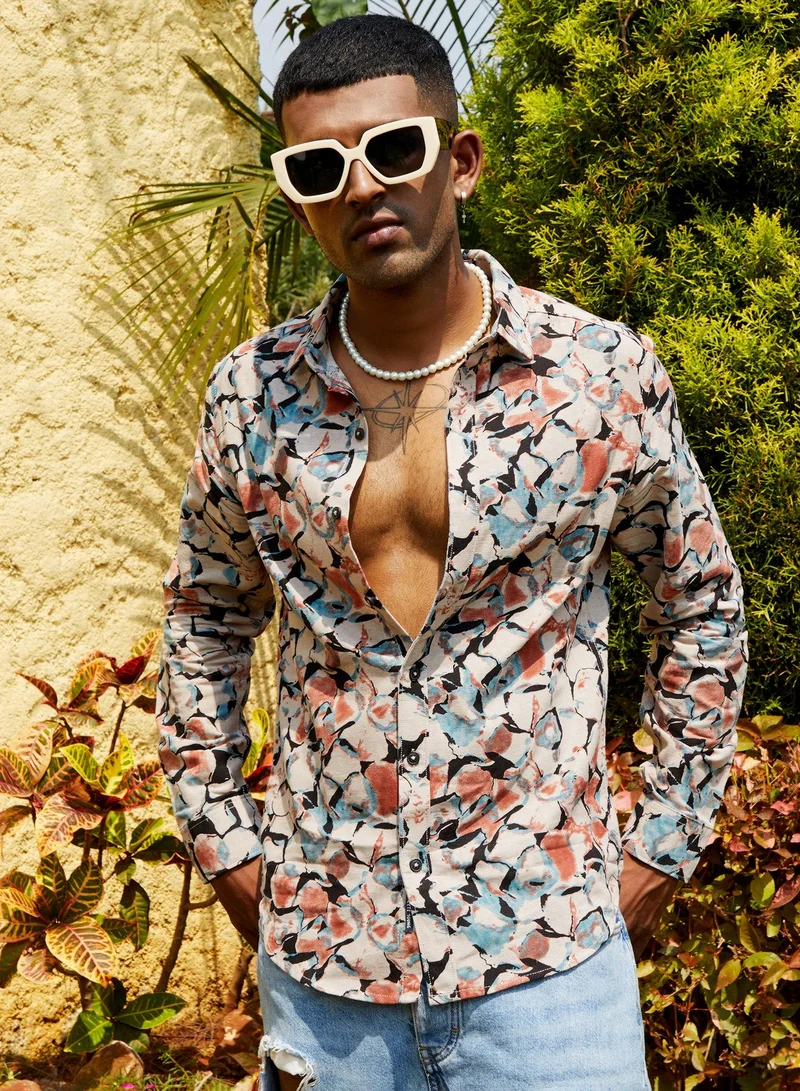 Campus Sutra Men's Beige & Brown Artistic Floral Cluster Shirt
