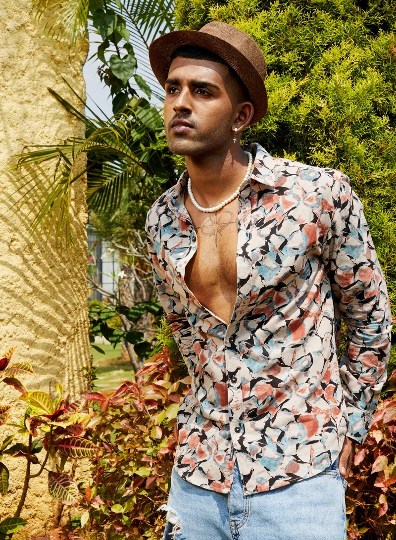 Campus Sutra Men's Beige & Brown Artistic Floral Cluster Shirt
