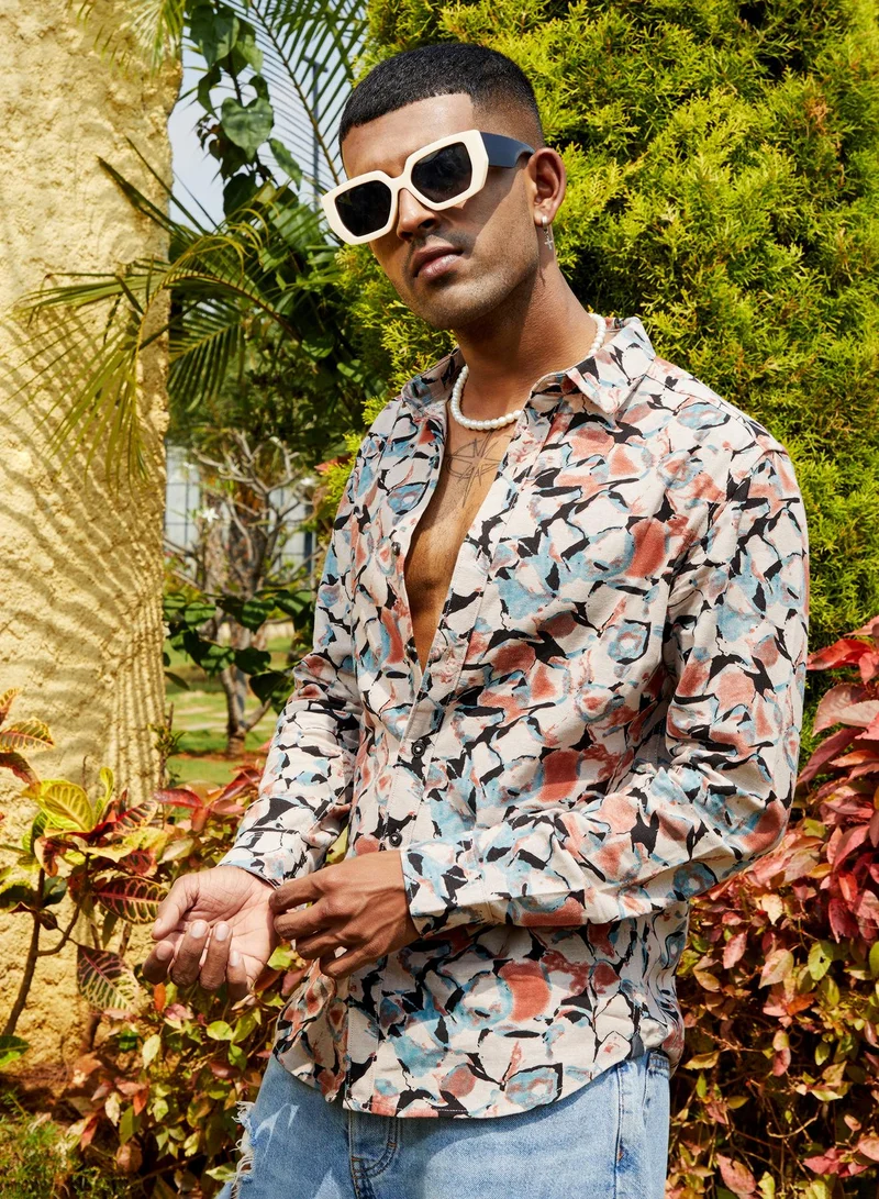 Campus Sutra Men's Beige & Brown Artistic Floral Cluster Shirt