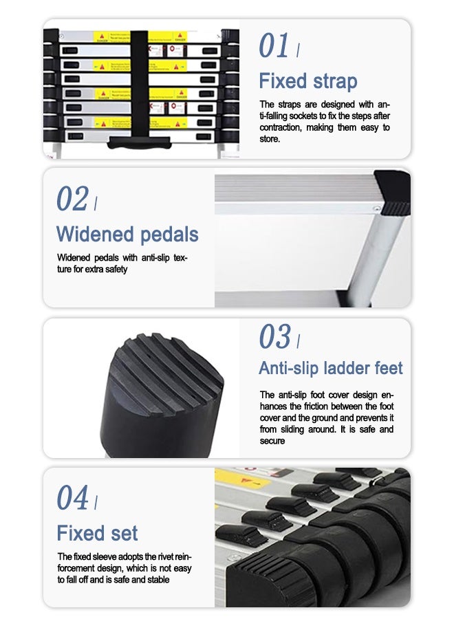 2.7m Telescopic Ladder - Heavy Duty Aluminum Extension Ladder for Home  Work - 150kg Capacity - Compact Foldable Design - Image 4