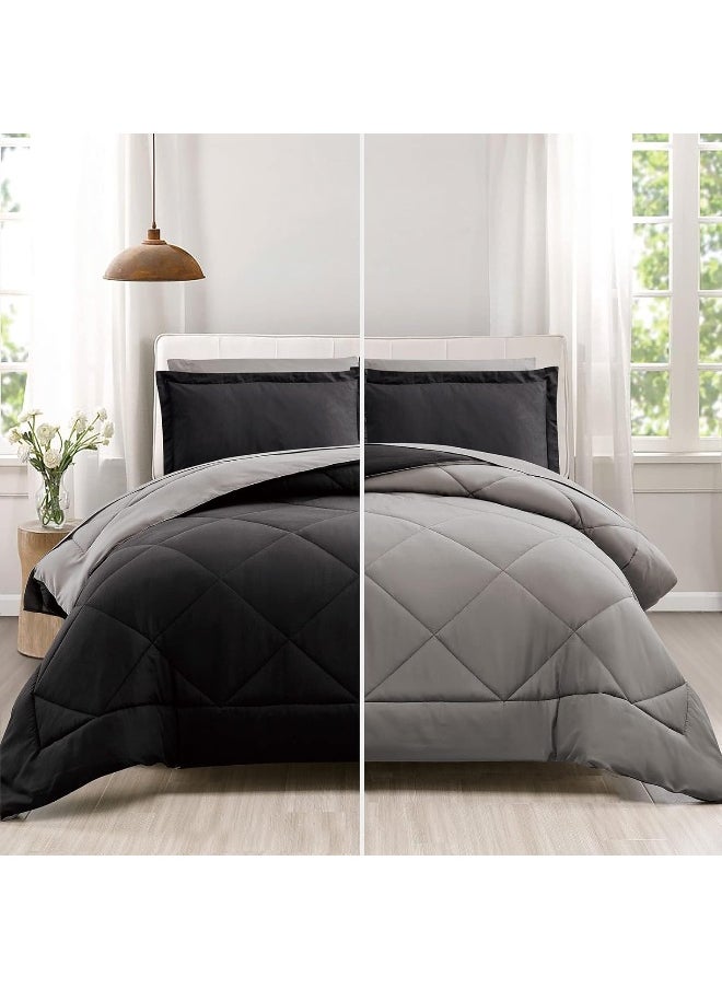 Generic Furnishh Queen Comforter Set 7 Pieces Bed in a Bag, Full/Queen Reversible Bed Set with Comforter, Flat Sheet, Fitted Sheet, Pillowcases & Shams, Black and Grey Bedding Sets for Queen Size Bed  - Image 1