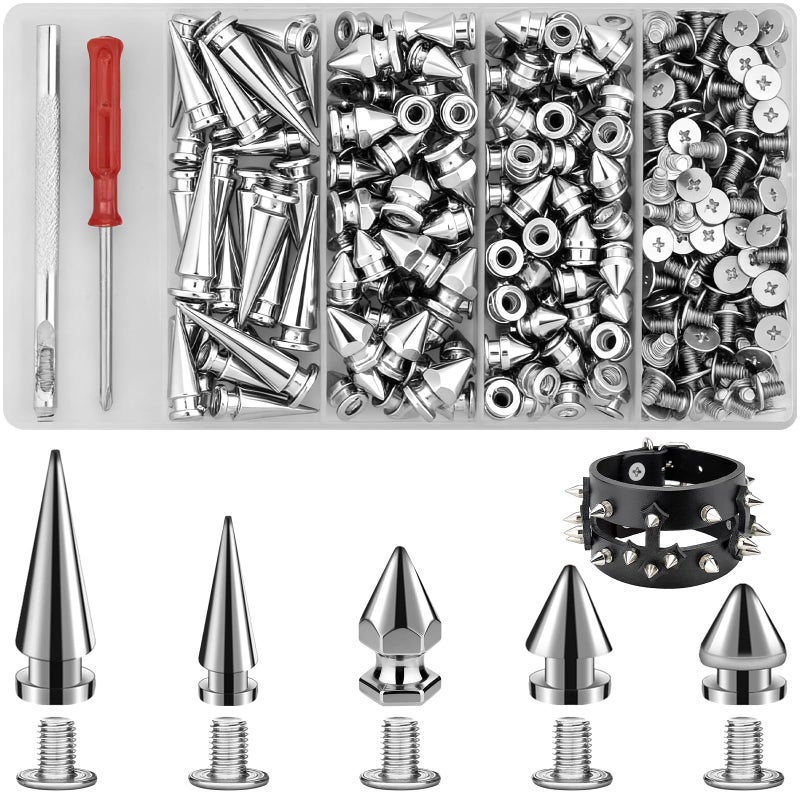 Jollidecor 295 PCS Metal Studs & Spikes Kit, Punk Studs for Clothing Cone Spikes in 5 Sizes Leather Rivets Punk Style Decoration for Craft DIY, Clothes, Belts, Bags, Bracelets, Dog Collar - Image 1