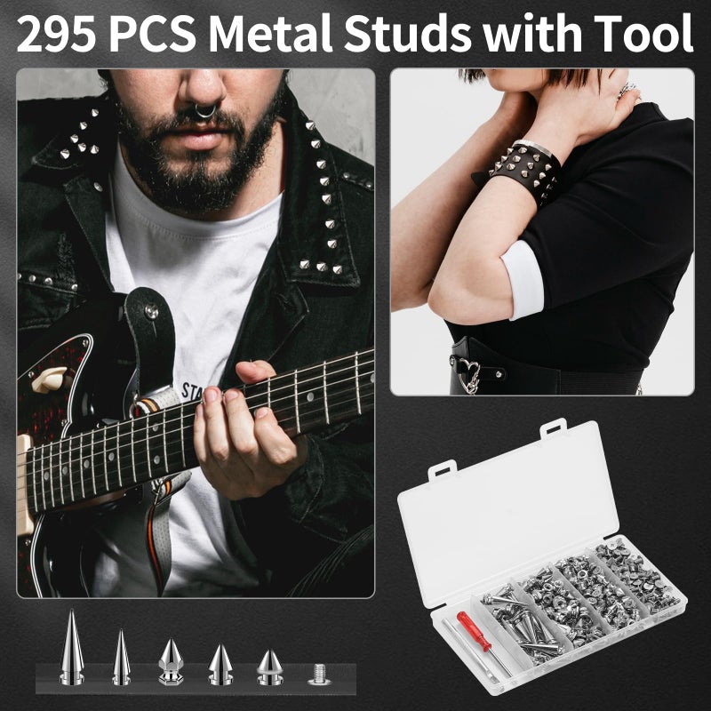 Jollidecor 295 PCS Metal Studs & Spikes Kit, Punk Studs for Clothing Cone Spikes in 5 Sizes Leather Rivets Punk Style Decoration for Craft DIY, Clothes, Belts, Bags, Bracelets, Dog Collar - Image 2
