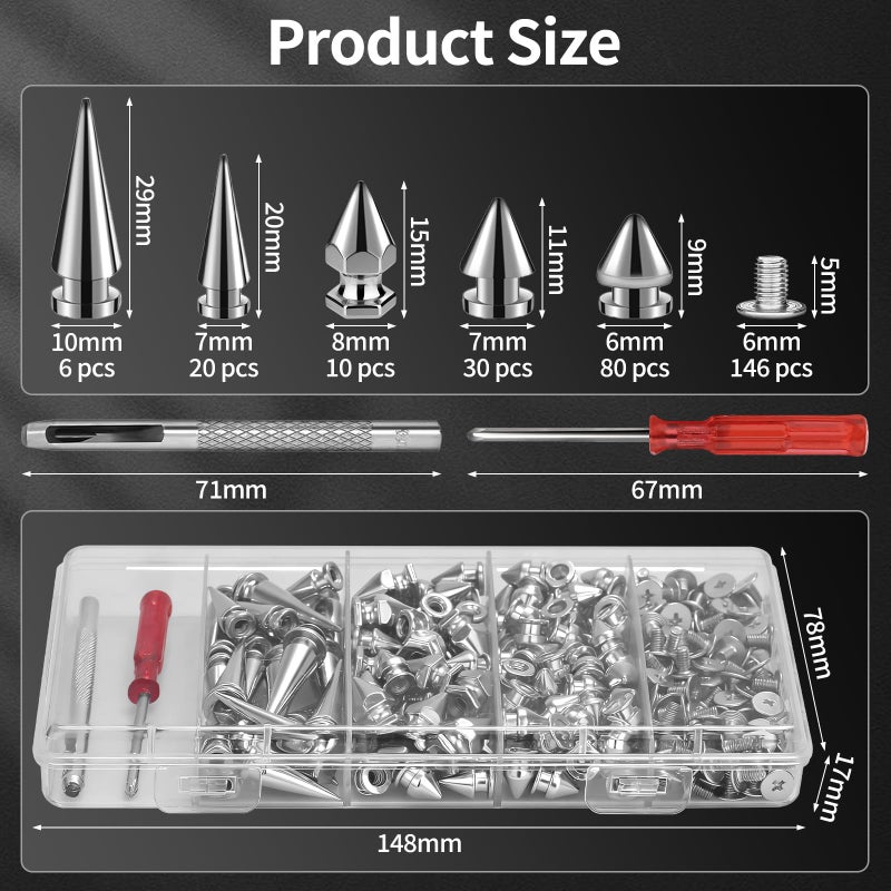 Jollidecor 295 PCS Metal Studs & Spikes Kit, Punk Studs for Clothing Cone Spikes in 5 Sizes Leather Rivets Punk Style Decoration for Craft DIY, Clothes, Belts, Bags, Bracelets, Dog Collar - Image 3