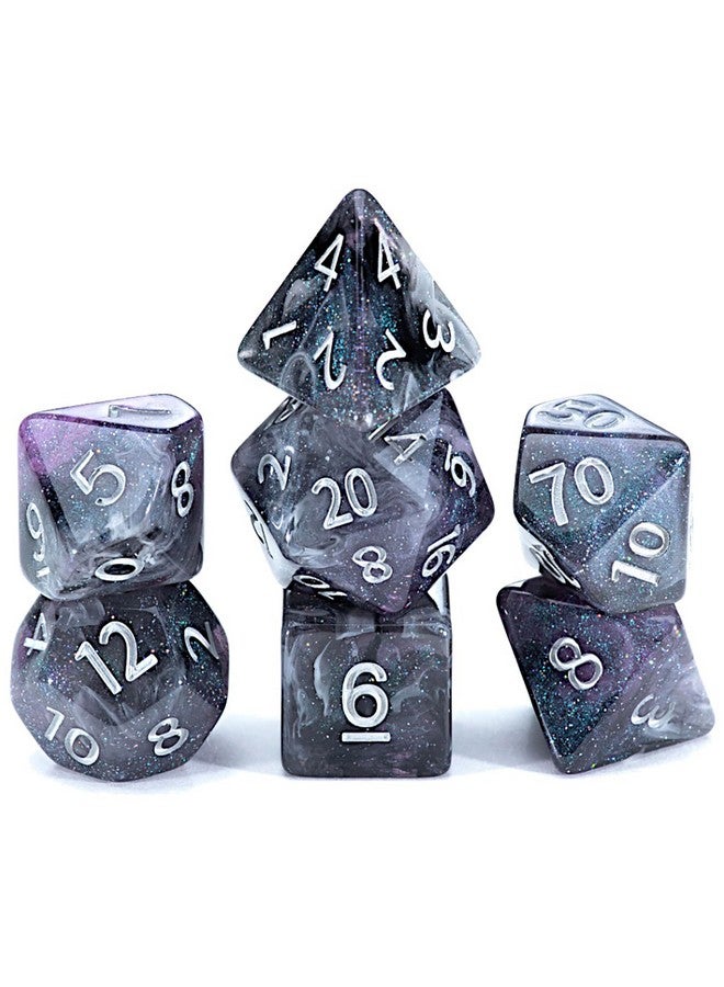 Gate Keeper Games and Dice: Aether Dice: Limbo - 7pc Set, Black & Purple, White Glitter Swirl, 7 Resin Dice for Role Playing Games - Image 1