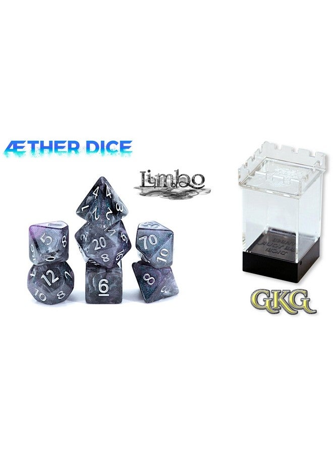 Gate Keeper Games and Dice: Aether Dice: Limbo - 7pc Set, Black & Purple, White Glitter Swirl, 7 Resin Dice for Role Playing Games - Image 2