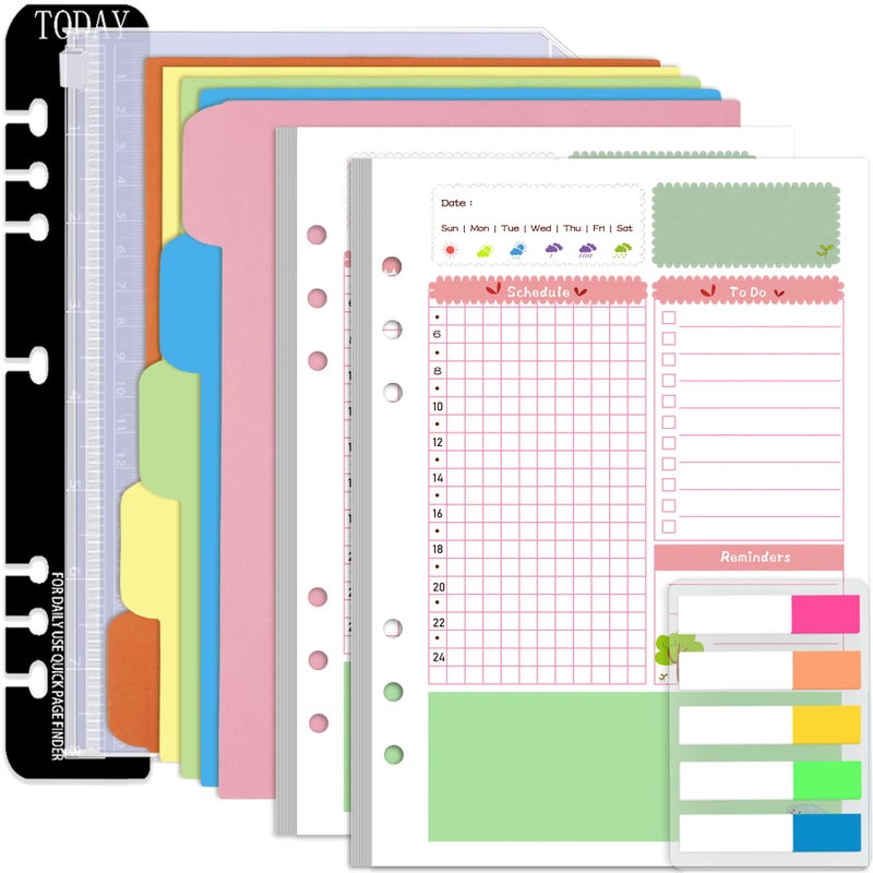 Rancco A5 Planner Inserts Daily Refills, 90 Pages Colorful 6-Ring Loose-leaf Binder Planner Inserts w/Divider, PVC Pouch, Ruler, Index Tab for Journal, Filofax, Double-sided, Undated,8.3x5.6"