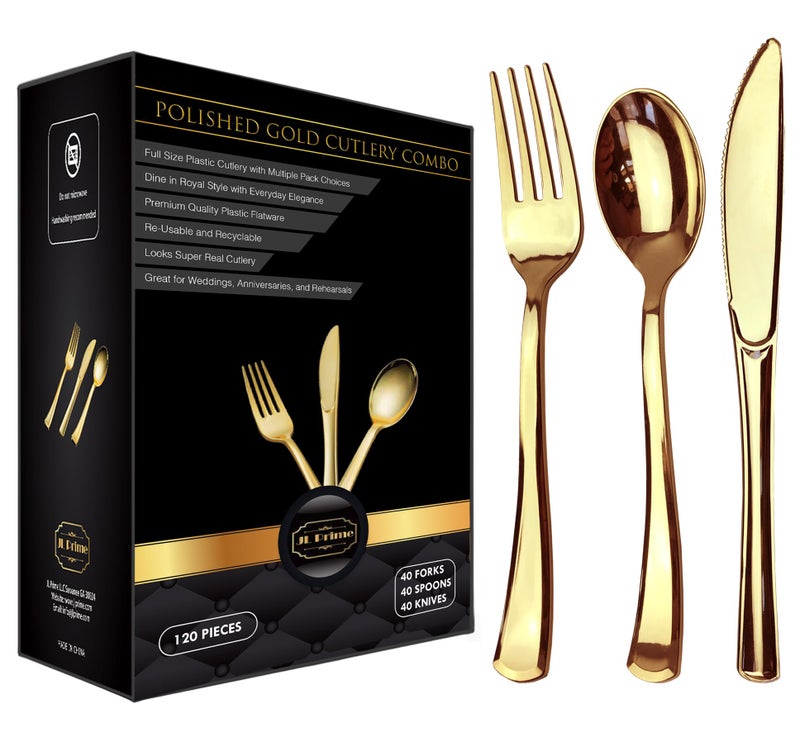120 Piece Gold Plastic Silverware Set  Reusable  Recyclable  Gold Plastic Utensils for Weddings Anniversaries Showers Parties  40 Forks 40 Spoons 40 Knives  Elegant Cutlery by JL Prime