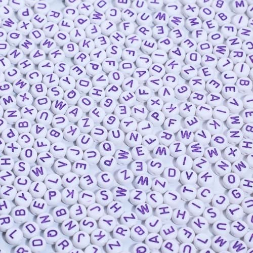 Xilitata 600pcs Acrylic Letter Beads Alphabet Purple Letters White Round Bead 4x7mm for Friendship Bracelets and Gifts Souvenir Jewelry Making - Image 1