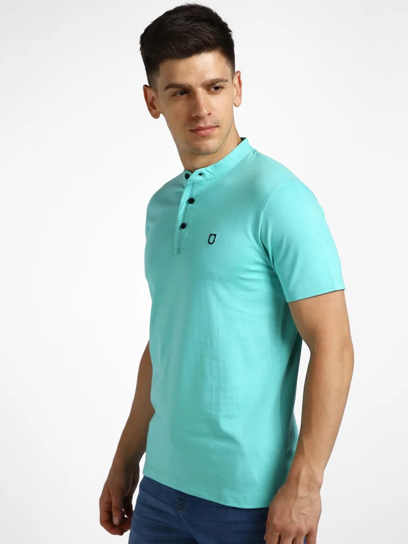 Urbano Fashion  Urbano Fashion Men's Aqua Green Solid Mandarin Collar Slim Fit Half Sleeve Cotton T-Shirt  | Best Price UAE