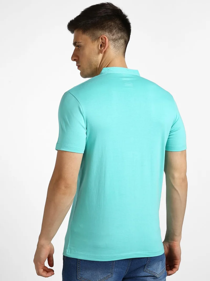 Urbano Fashion  Urbano Fashion Men's Aqua Green Solid Mandarin Collar Slim Fit Half Sleeve Cotton T-Shirt  | Best Price UAE