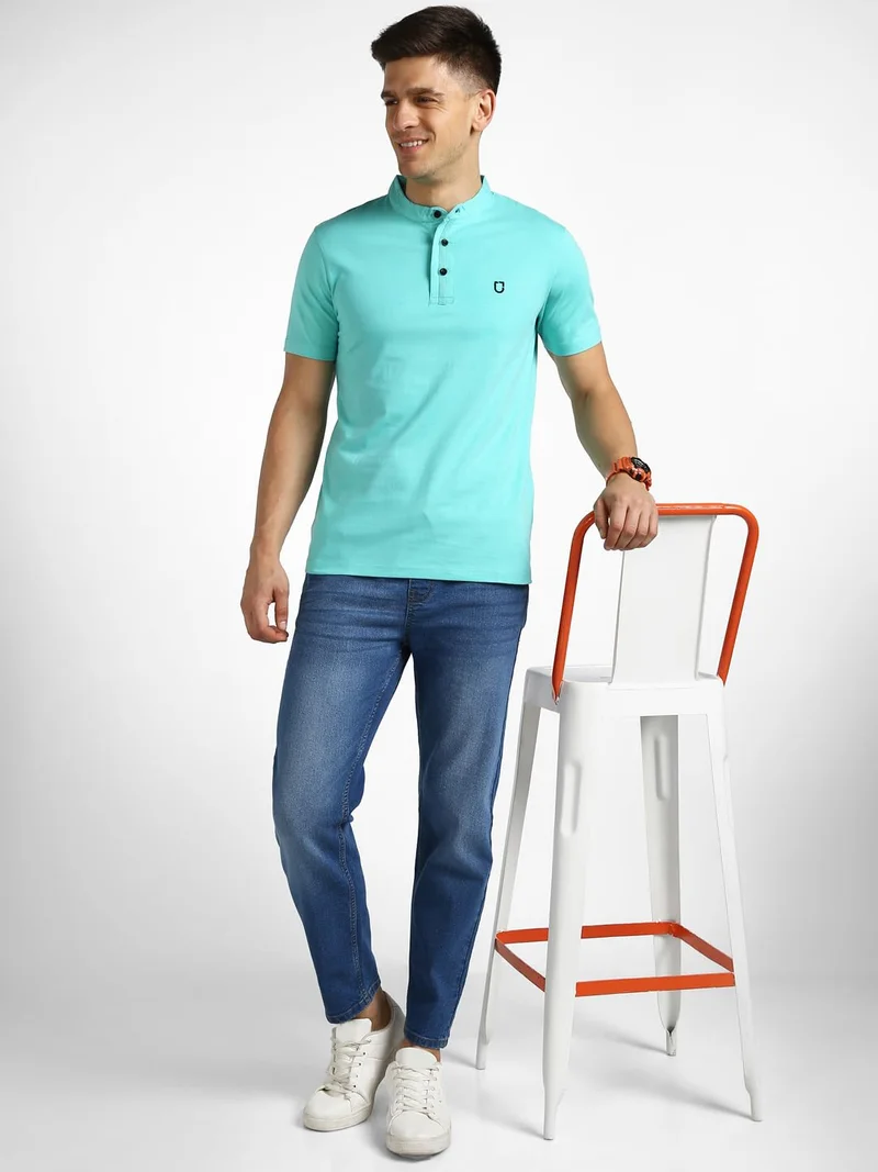 Urbano Fashion  Urbano Fashion Men's Aqua Green Solid Mandarin Collar Slim Fit Half Sleeve Cotton T-Shirt  | Best Price UAE