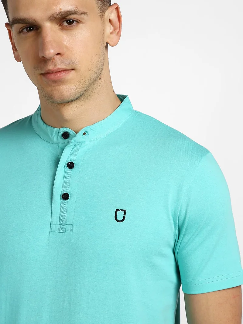 Urbano Fashion  Urbano Fashion Men's Aqua Green Solid Mandarin Collar Slim Fit Half Sleeve Cotton T-Shirt  | Best Price UAE