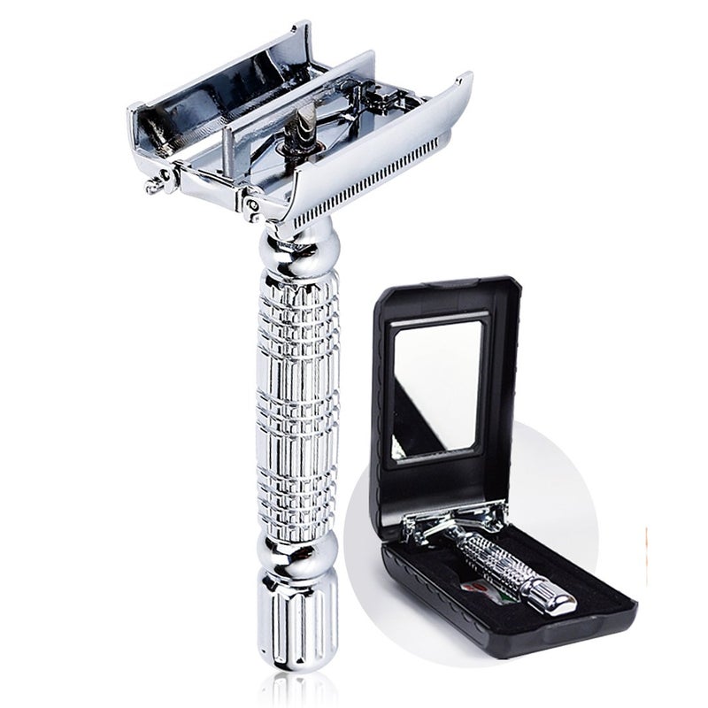 BAILI BAILI Butterfly Open TTO Double Edge Metal Safety Razor Wet Shaving Kit for Men Women with Platinum Blade and Mirrored Travel Case BD179 