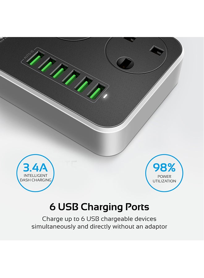 PROMATE Power Extension, 2500W Universal 3-Outlet Surge Protector Power Strip with 6 USB Charging Port, Automatic Voltage Regulation and 2M Cord for all AC and USB Powered Devices Black - Image 2
