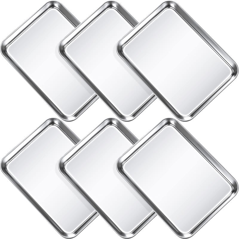 Potchen 6 Pcs Baking Sheet Pan Set Stainless Steel Cookie Sheet Small Toaster Oven Pans Tray Barbecue Grill Pan Rectangle Trays Oven Freezer Bakery, Non-stick, Easy Clean, 9 x 6.7 x 1 Inches - Image 1
