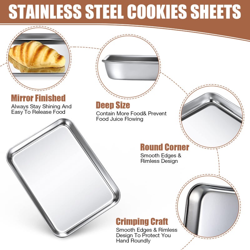Potchen 6 Pcs Baking Sheet Pan Set Stainless Steel Cookie Sheet Small Toaster Oven Pans Tray Barbecue Grill Pan Rectangle Trays Oven Freezer Bakery, Non-stick, Easy Clean, 9 x 6.7 x 1 Inches - Image 4
