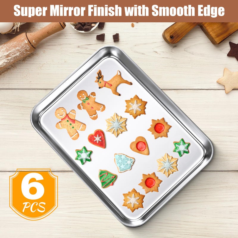 Potchen 6 Pcs Baking Sheet Pan Set Stainless Steel Cookie Sheet Small Toaster Oven Pans Tray Barbecue Grill Pan Rectangle Trays Oven Freezer Bakery, Non-stick, Easy Clean, 9 x 6.7 x 1 Inches - Image 3