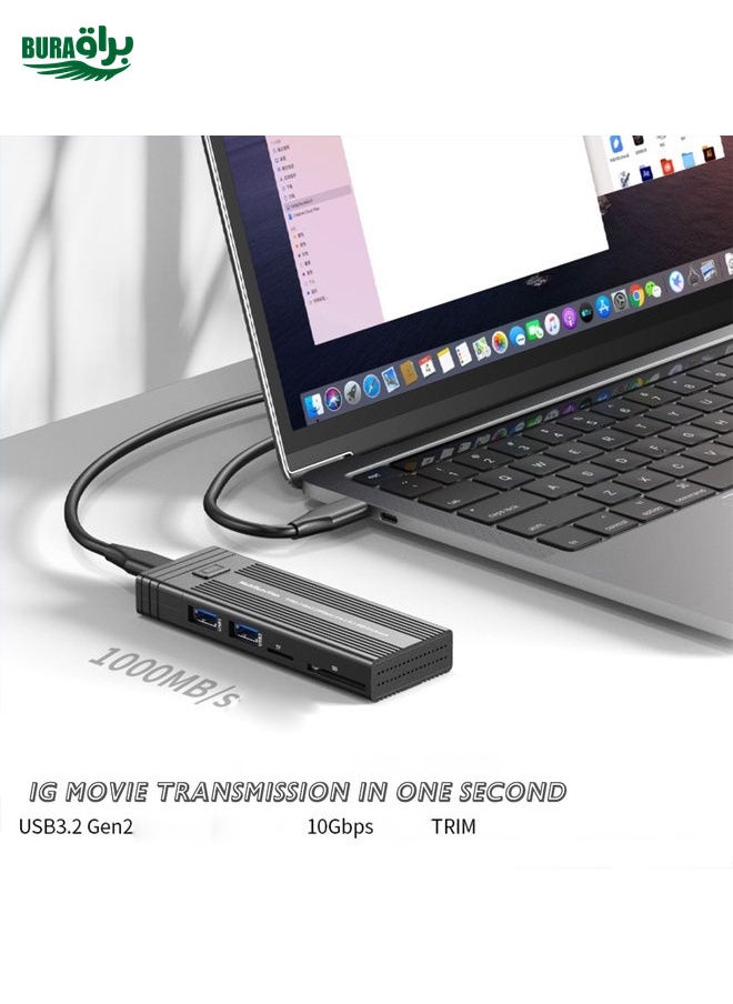 BURAQ - M.2 NVME SATA SSD Enclosure Adapter With 4 In 1 Hub USB 3.2 Gen 2 10Gbps HDD Adapter Support SD/TF Card Read(Black) - Image 1