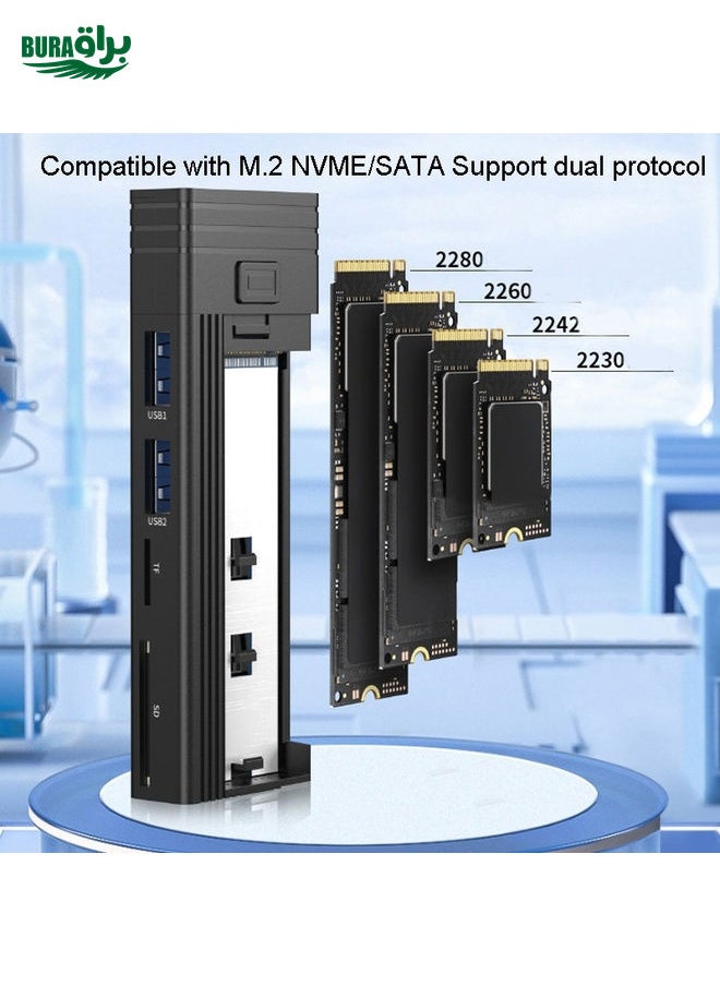 BURAQ - M.2 NVME SATA SSD Enclosure Adapter With 4 In 1 Hub USB 3.2 Gen 2 10Gbps HDD Adapter Support SD/TF Card Read(Black) - Image 1