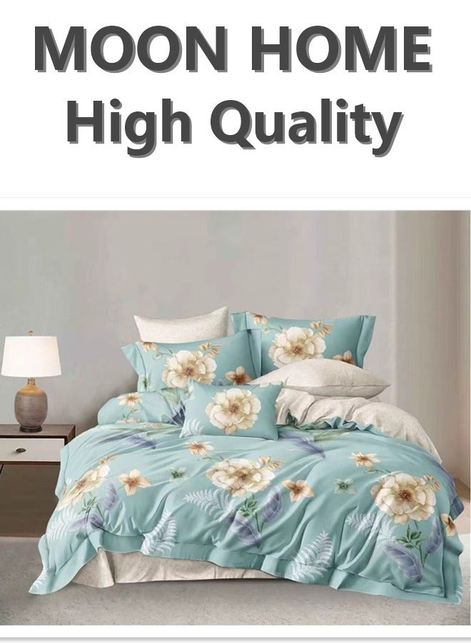 طقم غطاء لحاف فاخر مكون من 6 قطع - مقاسات ملكي/ملكة/مفرد - تصميم زهور باللون النعناعي/الفيروزي يشمل غطاء لحاف، ملاءة مشدودة و4 أغطية وسائد - بياضات أنيقة ومريحة
