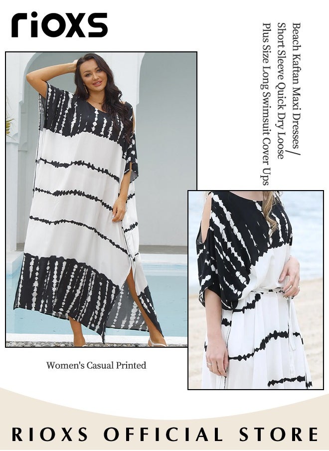 RIOXS - Women's Loose Cold Shoulder Beach Robe Bikini Swimsuit Maxi Dress Short Sleeve Plus Size Long Swimsuit Cover Ups - Image 1