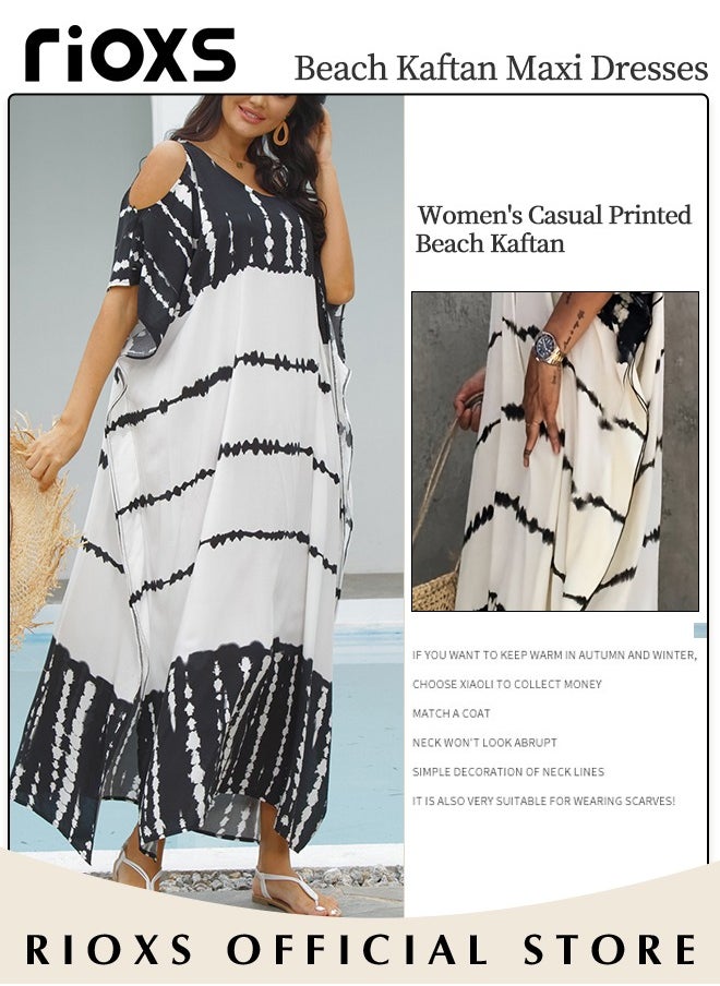 RIOXS - Women's Loose Cold Shoulder Beach Robe Bikini Swimsuit Maxi Dress Short Sleeve Plus Size Long Swimsuit Cover Ups - Image 1