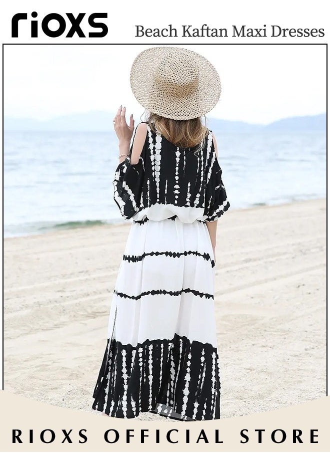 RIOXS - Women's Loose Cold Shoulder Beach Robe Bikini Swimsuit Maxi Dress Short Sleeve Plus Size Long Swimsuit Cover Ups - Image 1