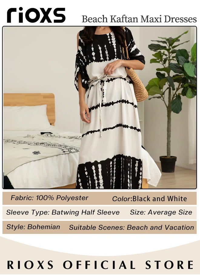 RIOXS - Women's Loose Cold Shoulder Beach Robe Bikini Swimsuit Maxi Dress Short Sleeve Plus Size Long Swimsuit Cover Ups - Image 1