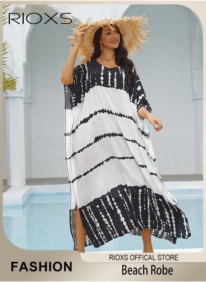 RIOXS - Women's Loose Cold Shoulder Beach Robe Bikini Swimsuit Maxi Dress Short Sleeve Plus Size Long Swimsuit Cover Ups - Image 1