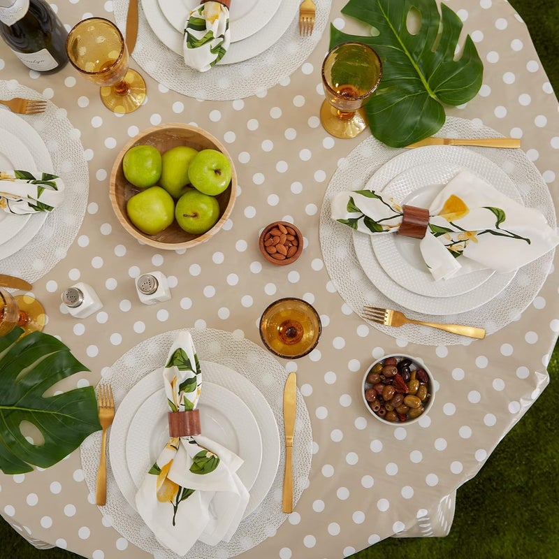 DII Vinyl Tabletop Collection Flannel Backed Polka Dot Tablecloth, 70" Round, Natural - Image 4
