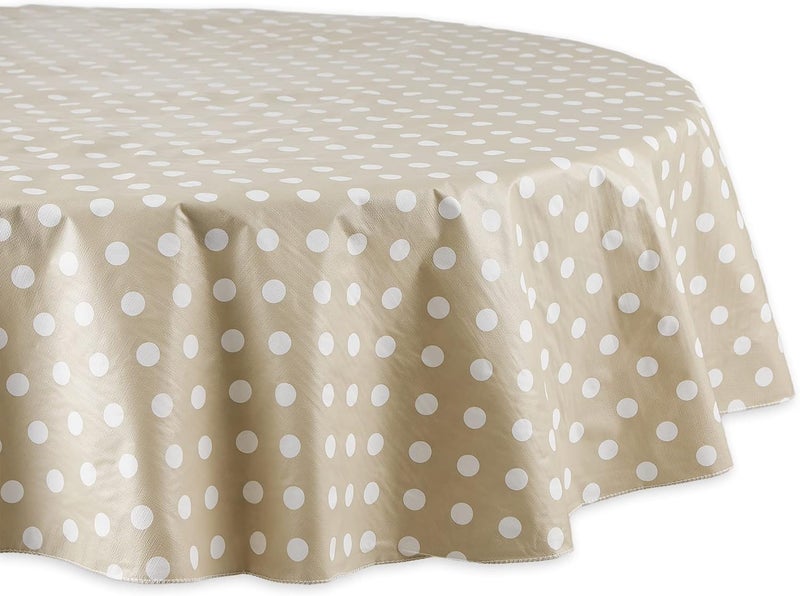 DII Vinyl Tabletop Collection Flannel Backed Polka Dot Tablecloth, 70" Round, Natural - Image 1