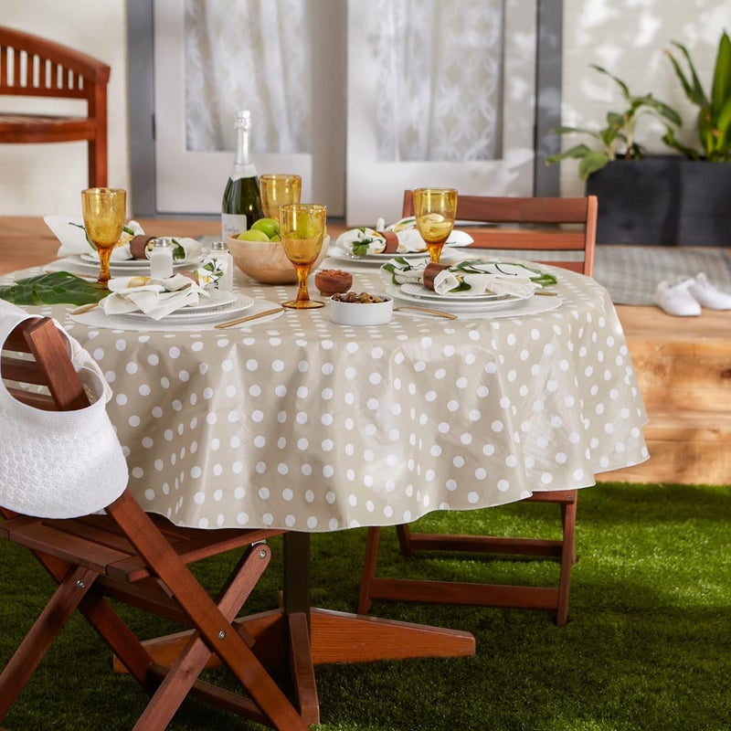 DII Vinyl Tabletop Collection Flannel Backed Polka Dot Tablecloth, 70" Round, Natural - Image 3