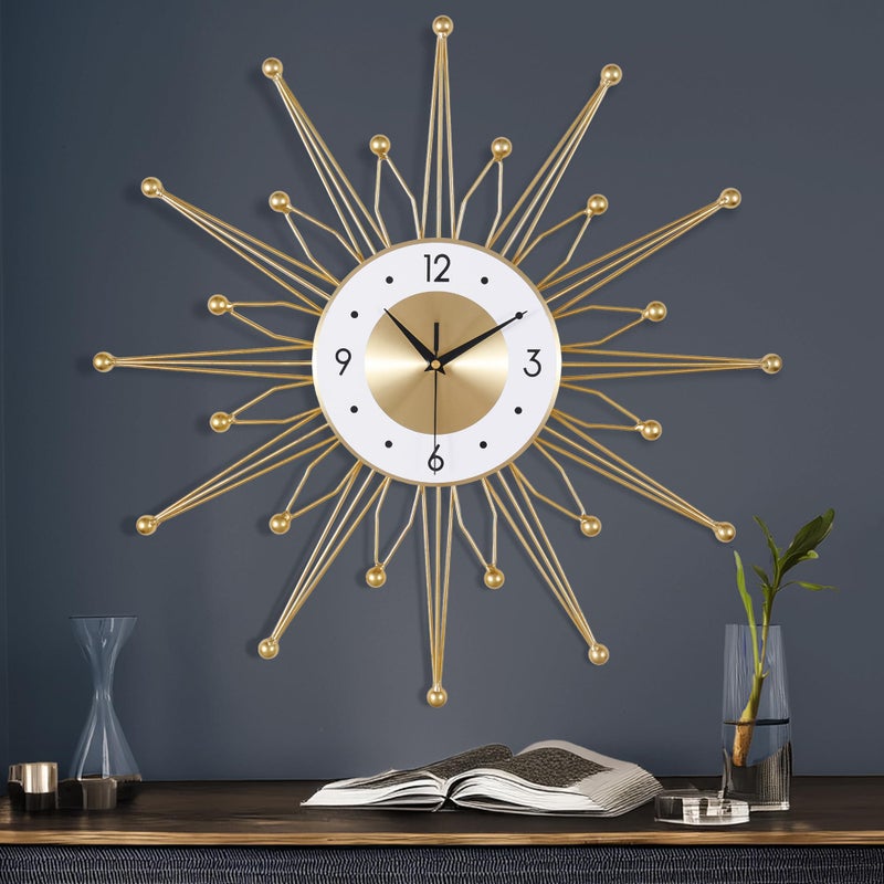Lafocuse Silent 23 Inch Metal Large Gold Wall Clock Modern Mid Century Wall Clocks Battery Operated Art Deco Starburst Wall Clocks for Living Room Kitchen Office