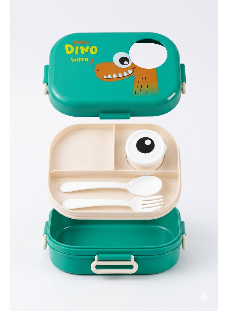 لانش بوكس للأطفال بتصميم ديناصور "Hello Dino" ثلاثي الأبعاد - مقسم مع ملعقة وشوكة وعلبة صوص مدمجة - Image 3