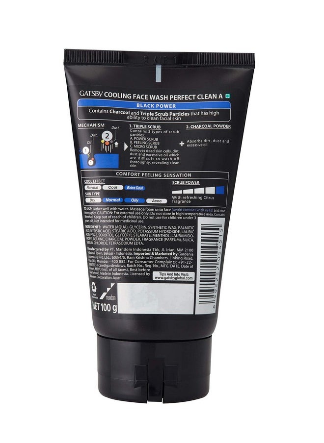 GATSBY Cooling Face Wash - Perfect Clean, Contains Charcoal Powder, Deep Cleanses, Powered With 3X Scrub, 100Gm  - Image 2