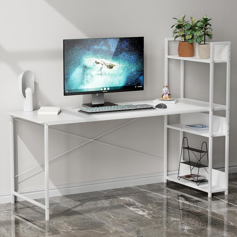 زيريفام مكتب كمبيوتر بمقاس 120 × 60 سم مع أرفف بأربعة طبقات - طاولة دراسة كمبيوتر مع رف كتب لمحطة عمل مكتبية منزلية، مكتب دراسة للمساحات الصغيرة، طراز صناعي حديث (أبيض نقي) - Image 1