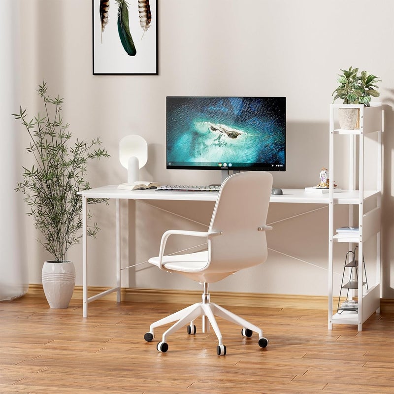 زيريفام مكتب كمبيوتر بمقاس 120 × 60 سم مع أرفف بأربعة طبقات - طاولة دراسة كمبيوتر مع رف كتب لمحطة عمل مكتبية منزلية، مكتب دراسة للمساحات الصغيرة، طراز صناعي حديث (أبيض نقي) - Image 3