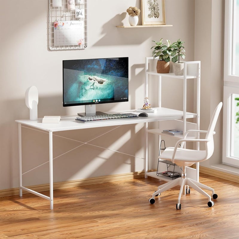 زيريفام مكتب كمبيوتر بمقاس 120 × 60 سم مع أرفف بأربعة طبقات - طاولة دراسة كمبيوتر مع رف كتب لمحطة عمل مكتبية منزلية، مكتب دراسة للمساحات الصغيرة، طراز صناعي حديث (أبيض نقي) - Image 5