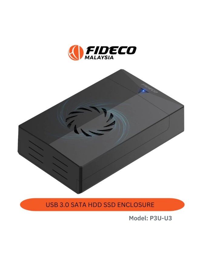 FIDECO USB 3.0 External Hard Drive Enclosure P3U-U3 for 2.5" & 3.5" SATA HDD SSD with Cooling Fan - Image 1
