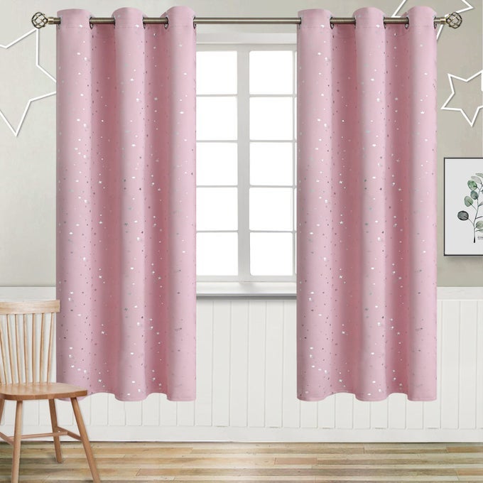 KIDS BLACKOUT CURTAINS FOR BEDROOM GROMMET THERMAL INSULATED SILVER STAR PRINT ROOM DARKENING CURTAINS FOR KIDS ROOM SET OF 2 PANELS 42 X 72 INCH BABY PINK