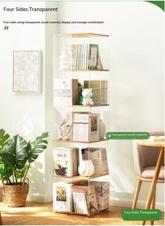 fashionhome 6 Tiers Multifunction 360 Degree Rotatable Floor Standing Bookcase Moveable Transparent Acrylic Bookshelf Solid Wood Storage Rack with Wheels Display Stand for Living Room Bedroom Study Room Home Office 40x40x165 cm  - Image 4