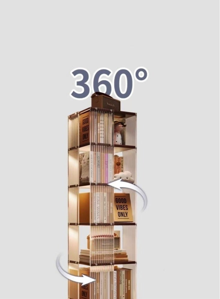fashionhome 6 Tiers Multifunction 360 Degree Rotatable Floor Standing Bookcase Moveable Transparent Acrylic Bookshelf Solid Wood Storage Rack with Wheels Display Stand for Living Room Bedroom Study Room Home Office 40x40x165 cm - Image 5