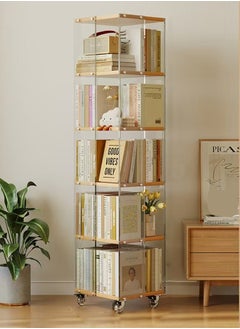 fashionhome 6 Tiers Multifunction 360 Degree Rotatable Floor Standing Bookcase Moveable Transparent Acrylic Bookshelf Solid Wood Storage Rack with Wheels Display Stand for Living Room Bedroom Study Room Home Office 40x40x165 cm  - Image 2
