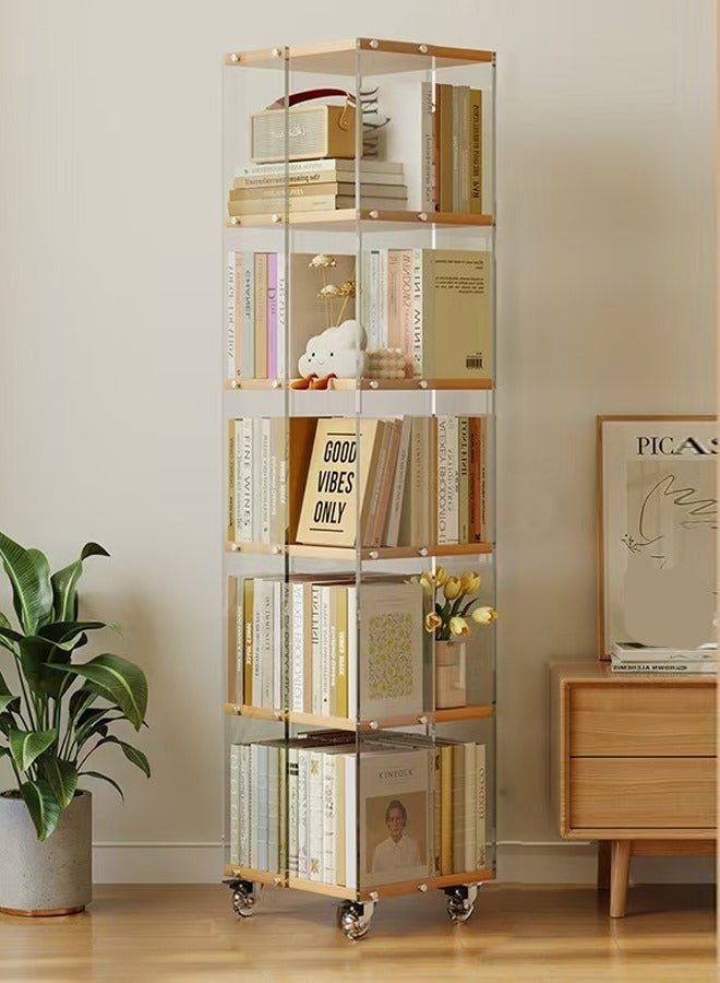 fashionhome 6 Tiers Multifunction 360 Degree Rotatable Floor Standing Bookcase Moveable Transparent Acrylic Bookshelf Solid Wood Storage Rack with Wheels Display Stand for Living Room Bedroom Study Room Home Office 40x40x165 cm - Image 2