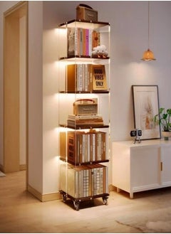 fashionhome 6 Tiers Multifunction 360 Degree Rotatable Floor Standing Bookcase Moveable Transparent Acrylic Bookshelf Solid Wood Storage Rack with Wheels Display Stand for Living Room Bedroom Study Room Home Office 40x40x165 cm  - Image 1