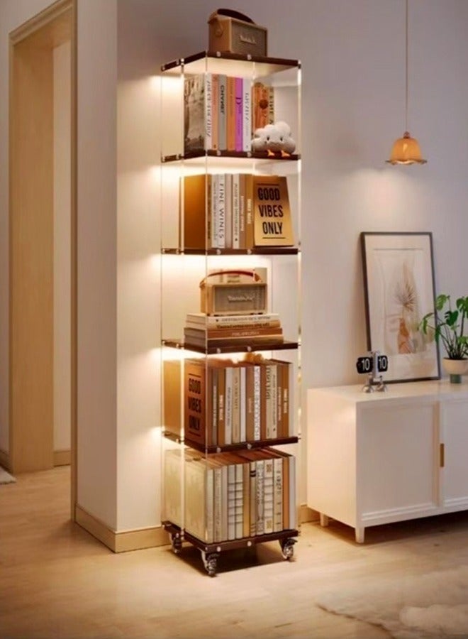 fashionhome 6 Tiers Multifunction 360 Degree Rotatable Floor Standing Bookcase Moveable Transparent Acrylic Bookshelf Solid Wood Storage Rack with Wheels Display Stand for Living Room Bedroom Study Room Home Office 40x40x165 cm - Image 1